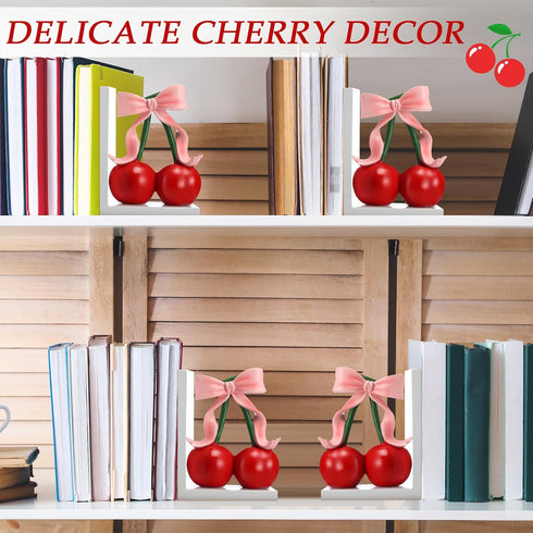 Wovnet 2 Pcs Pink Bow Cherry Bookends Wooden Pink Bookends Shelves Coquette Room Decor Cute Cherry Figurine Book Ends