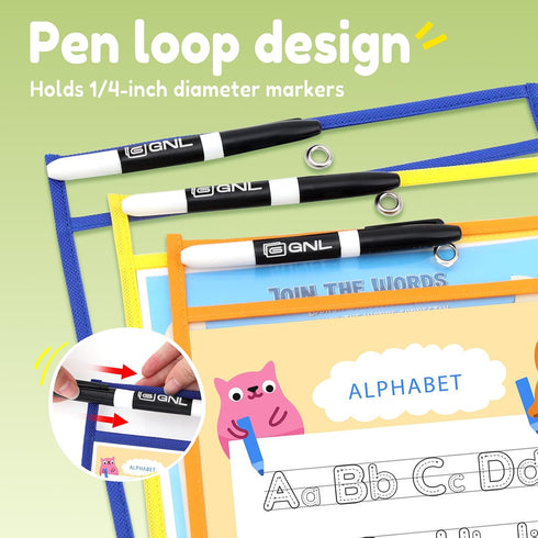 GNL 30 Packs, 10x14 Inch Dry Erase Pocket Sleeves Reusable Clear Plastic Ticket Holders with Rings, Durable