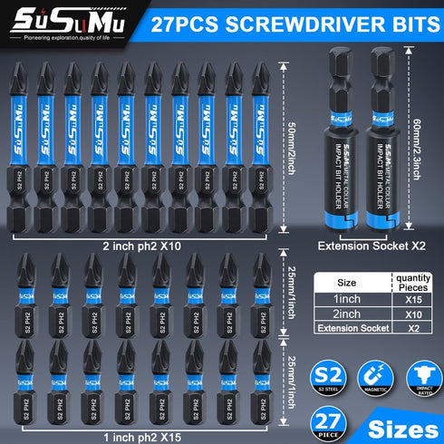 27PCS Phillips Bits #2 Impact 1" and 2" Long Strong Magnetic Drill Bits Anti Slip 1/4 Inch Hex Shank S2 Alloy Steel Impact Ph2 Screwdriver Power Bits Set with Magnetic Bit Holder for Power Drill