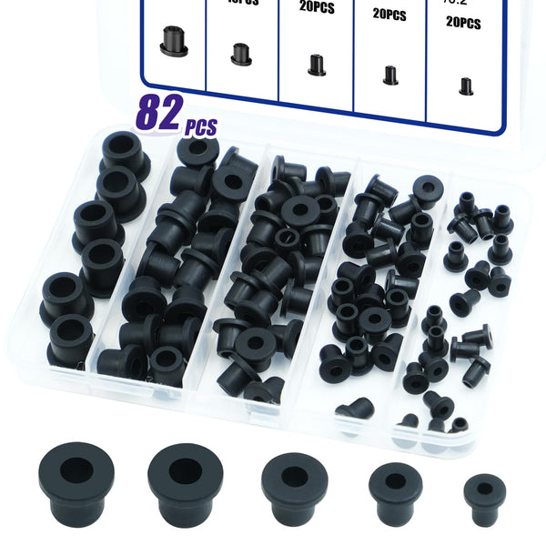 uillcuet 82PCS 5 Sizes Silicone Rubber Grommets Kit for Wiring, Black Rubber Hole