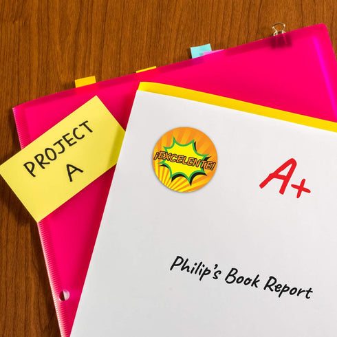 SBLABELS Spanish Reward Stickers, 500 Teacher Classroom Stickers, 8 Alternating Superhero Comic Designs, 1.5"