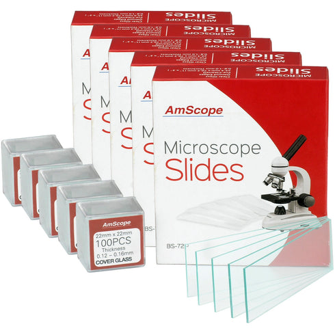 AmScope BS-72P-S100-22X5, 72 Pieces Pre-Cleaned Blank Microscope Slides + 100 Coverslips, Multi-Pack (5 Count)