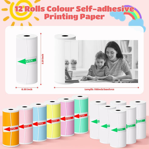 Atnadov 12 (6 colored+6 Mini Thermal Printer Sticker Paper, Rolls Colored Thermal Sticker Paper Kids Instant Camera