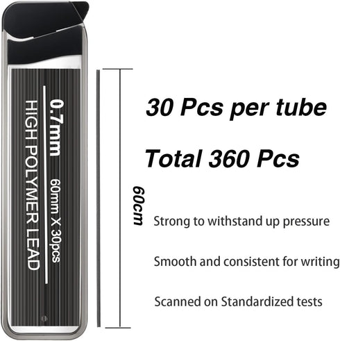 HESTYA 360 Pcs 0.7 mm HB Black Mechanical Pencil Lead Refills, 7 Assorted Colors with Dispensers