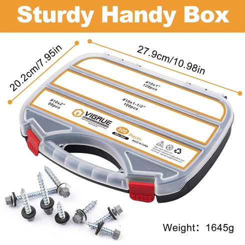VIGRUE 300PCS Metal Roofing Screws - #10x1", #10x1-1/2", #10x2" Galvanized Hex Head Screws for Metal to Wood