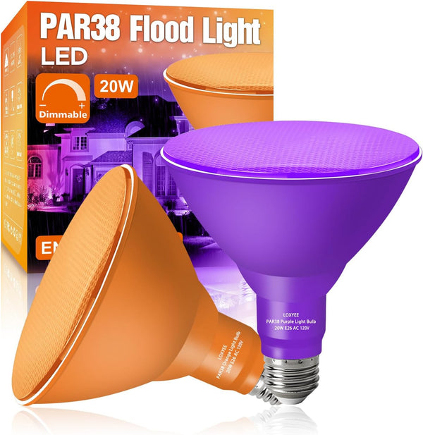 LOXYEE PAR38 Flood Orange Purple Light Bulbs,2 Pack Dimmable,E26 Base Purple Orange Flood