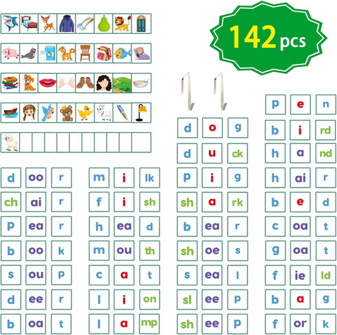 Boczif Word Building Center Pocket Chart for Preschool Learning, Word Recognition with Word Families Cards