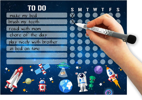 Kid’s Dry Erase Whiteboard Chore Chart, Removable and Restickable Adhesive Decal, Fine-Tip Magnetic Marker Included