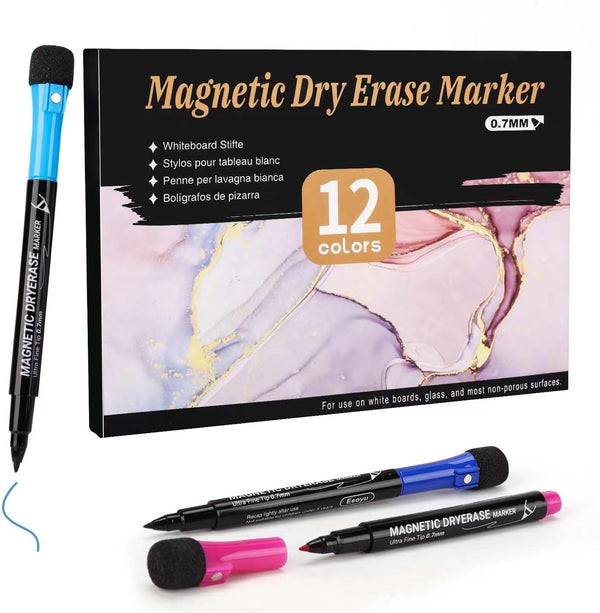 EEOYU Ultra Fine Tip Magnetic Dry Erase Markers, 12 Count Colorful Fine Point 0.7mm Whiteboard Markers with Erasers Cap