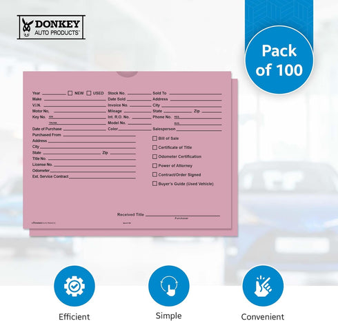 Printed Vehicle Deal Envelopes 9x12 Deal Jackets (100 shrink wrapped) (Pink)