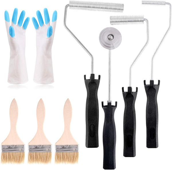 Swpeet 4Pcs Fiberglass Roller Tools and 1Pcs Detail Brushes with 1 Pair Glove