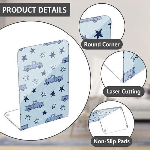 J JOYSAY Trucks Stars Blue Pattern Acrylic Bookends L Shaped Decorative Book Holders Stopper with Non Slip Pads