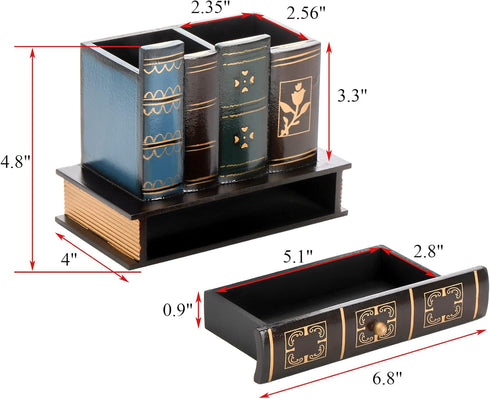 Tosnail Decorative Pen Holder with Storage Drawer, Wooden Pencil Holder and Organizer, Antique Library Books Design Pen Cup Caddy for Office Supplies, Countertop, Desk, Table