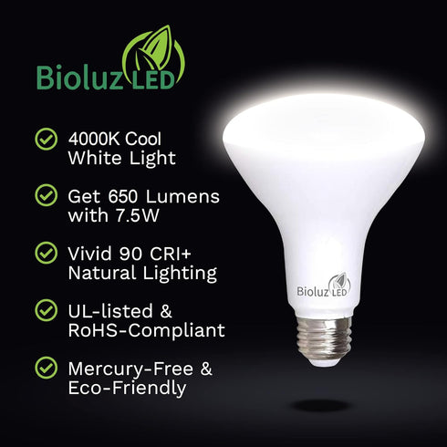 Bioluz LED 4 Pack 90 CRI BR30 LED Dimmable Bulb 7.5W = 65 Watt Replacement 650 Lumen 4000K Cool White Indoor/Outdoor Flood Light UL Listed Title 20 High Efficacy Lighting (Pack of 4) by Bioluz LED