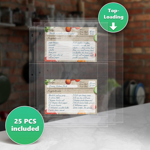 Full Size 4x6 Recipe Card Protectors: Pack of 25 Top-Loading Crystal Clear Sleeves for 3 Ring Binder