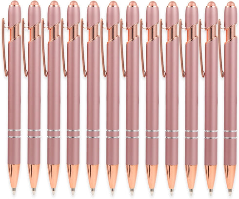 MengRan Rose Gold Pens, 12 pcs with Stylus Tip, Black Ink Medium Point Ballpoint Pens