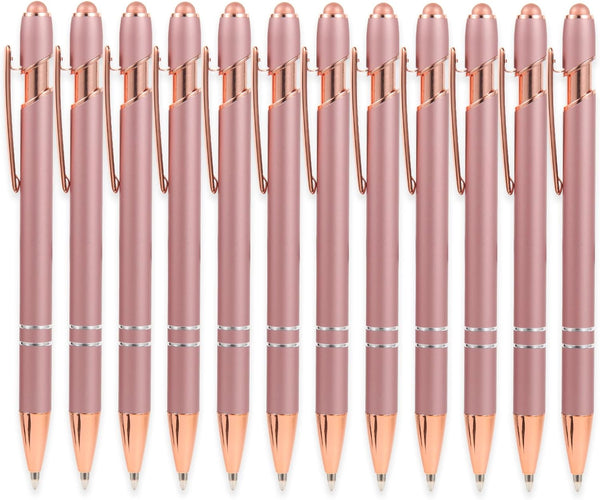 MengRan Rose Gold Pens, 12 pcs with Stylus Tip, Black Ink Medium Point Ballpoint Pens