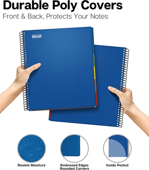 Dunwell 5-Subject Notebook, College Ruled, 8.5 x 11 (Blue), 200 Sheets (400 Pages) with Tabs and Pockets