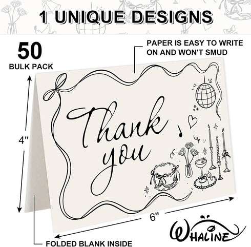 50 Pack Whaline Wedding Thank You Cards Vintage Black Bow Cake Thank You Blank Note Card Greeting Cards with Envelope
