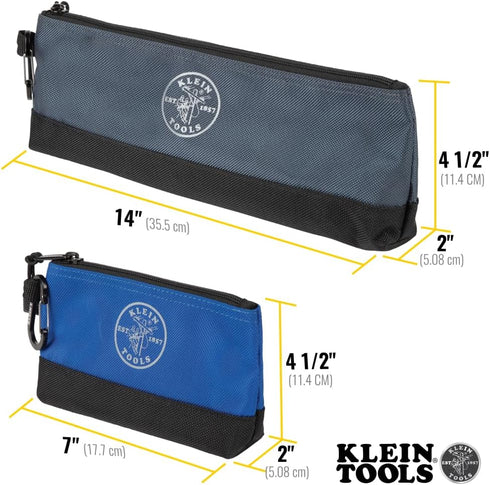 Klein Tools 55559 Stand-Up Zipper Bag Tool Pouch with Carabiners, 7-Inch Blue and 14-Inch Gray Utility Bags, 2-Pack