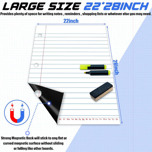 Large Lined Dry Erase Magnetic Paper for Whiteboard - Giant Sized Notebook Paper, 22'' x 28'' - Teacher Writing Supplies