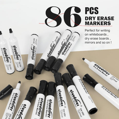cloudriver Low Odor Dry Erase Markers, 86 Count, Chisel Tip, Black Whiteboard Markers for Office and School