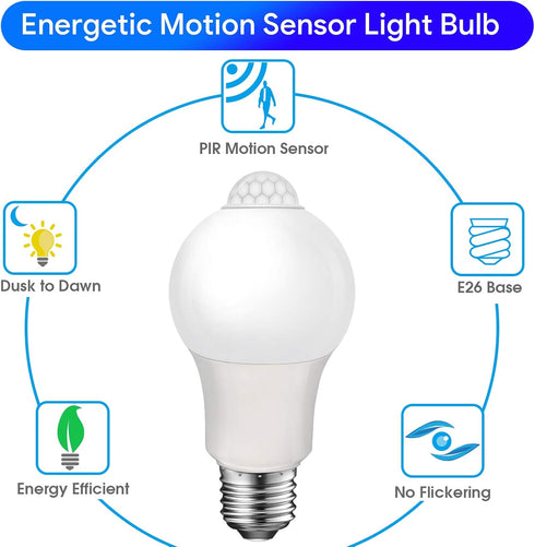 Bulb, 8.5W (60 E26 Bulb Closet, 3000K 2 Pack Energetic Motion Sensor Light Watt Equivalent) Motion Activated Dusk