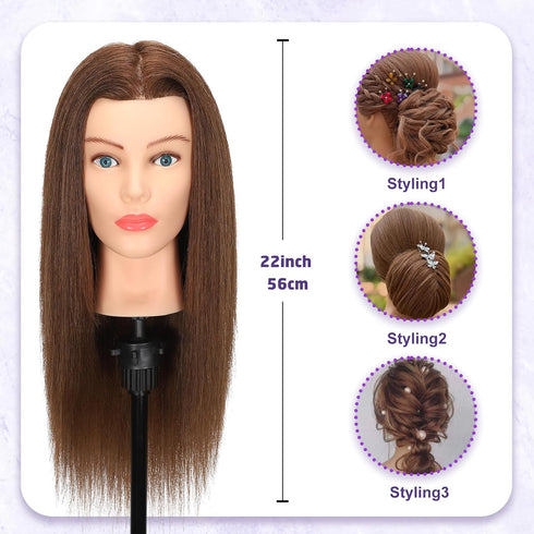 100% Mannequin Head Human Hair - Cosmetology Manikin Doll Head with Real Hair for Hairdresser Practice Styling Braiding