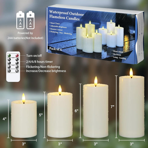 4pcs 3" x4" 5" 6" 7") Yeelida Outdoor Flameless Waterproof Candles with Handy Remote Control, Cycle Timer Battery