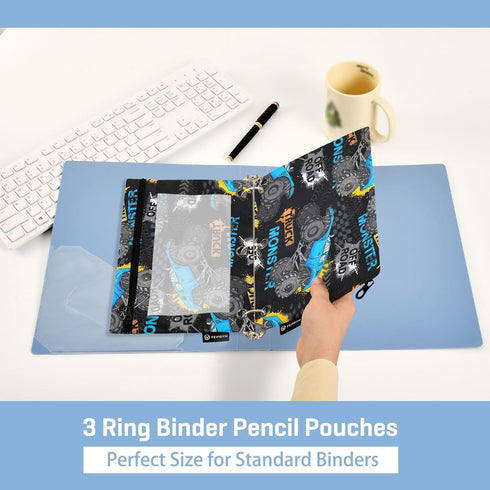 Monster Truck Tires Pencil Pouch, 2 Pack Pencil Bags for 3 Ring Binder with Clear Window & Zipper for Office Supplies