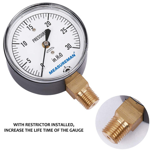 MEASUREMAN Diaphragm Type Capsule Low Pressure Gauge 2-1/2" Dial, 1/4" NPT Lower Mount, Adjustable, 0-30 in H2O
