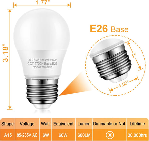 8-Pack Ceiling Fan Light Bulbs, 60 watt Equivalent, Warm White 2700K, E26 Medium Base, A15 LED Bulbs, Small LED Appliance Bulb, 120V, Non-dimmable by Marxlait
