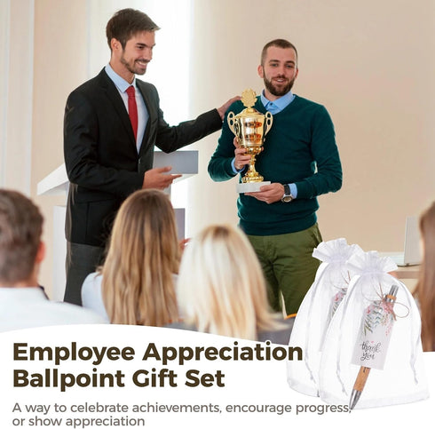 Tressify Set, 50 Employee Appreciation Ballpoint Green Plant-Themed Thank You Card & Organza Bag, Pcs Motivational