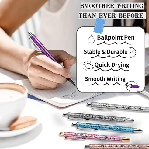 Jxueych 7 Pcs Funny Ballpoint Pen Set Gift for Coworker, Days of The Week Daily Glitter Pen, Black Ink Medium Point