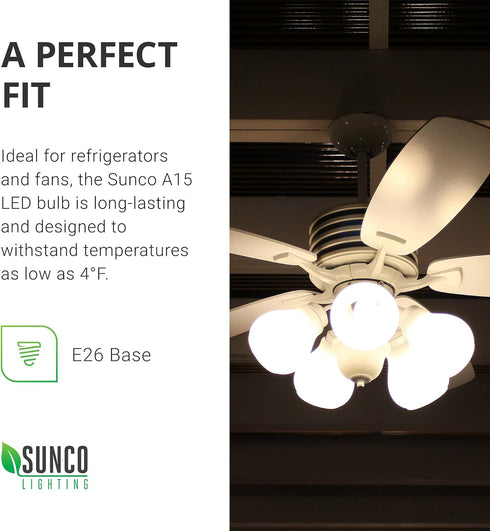 Sunco Lighting 10 Pack A15 LED Bulb, Dimmable Refrigerator Appliance Bulbs, 8W Equivalent, 3000K Warm White