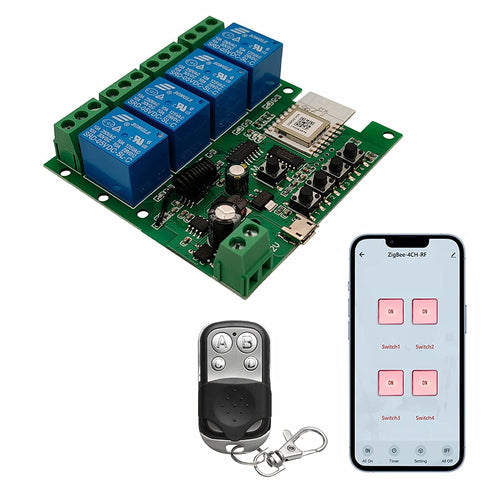 Zigbee Tuya Smart 4 Channel Smart Relay Module, 433RF Remote Control, USB 5V 7-32V, Jog/Lock Switch, Compatible with