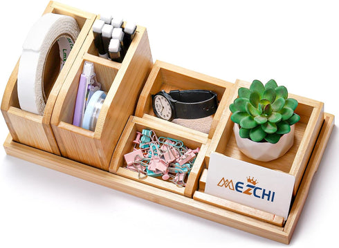 Bamboo Desk Organizer Tray, 7 Pieces Adjustable Office Supplies Caddy, Small Desktop Organizer Pen Holder for Home