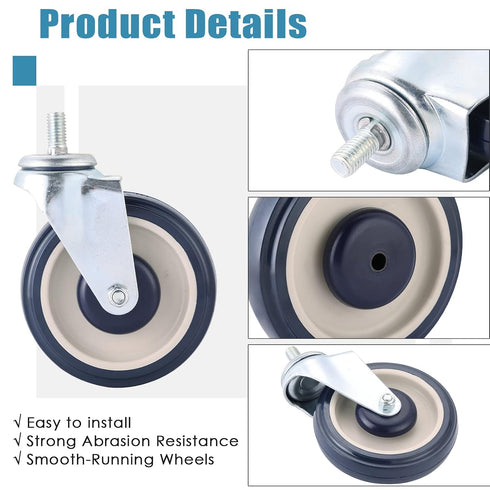 4 Pack 5-inch Shopping Cart Replacement Wheels Kit Stem Caster Wheels with Axles Bolt, Polyurethane Stepped and Full