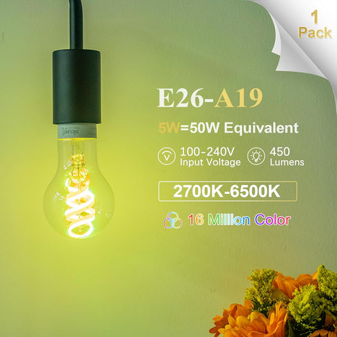 Bulb A19, Bulb, A60 Bulb Dimmable 50 450LM, 1 Pack DiCUNO Smart Edison Color Changing WiFi Smart Light Vinatge Filament