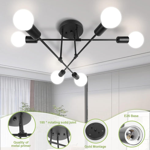 6 E26 Bulbs CANMEIJIA Modern Sputnik Chandelier Ceiling Light Fixture with Lights Black Mid Century Ceiling Mount