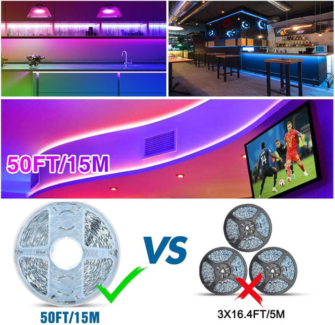 50ft, 5050 24V Dimmable 44 LED Strip Lights RGB Color Changing Strip Lights for Bedroom with Power Adapter, LED Strip