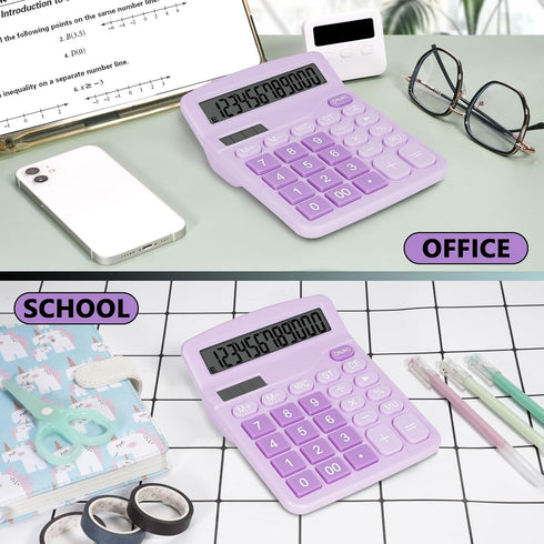 Cute Purple Desktop Calculator with Big Buttons, Dual Power Source, Large Display Screen for Office and Students, Purple