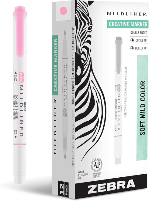 Zebra Pen Mildliner Double-Ended Highlighter Marker Set, 12-Pack, Broad and Fine Point Tips, Mild Pink Ink