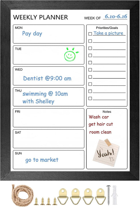 Dry Erase White Board &Weekly Calendar Board, Magnetic Whiteboard for Wall,13“x17" Solid Wood Black Framed Message Board, Planner Board for Office, Home, School(Weekly-BB-BK-3343 by TORASO