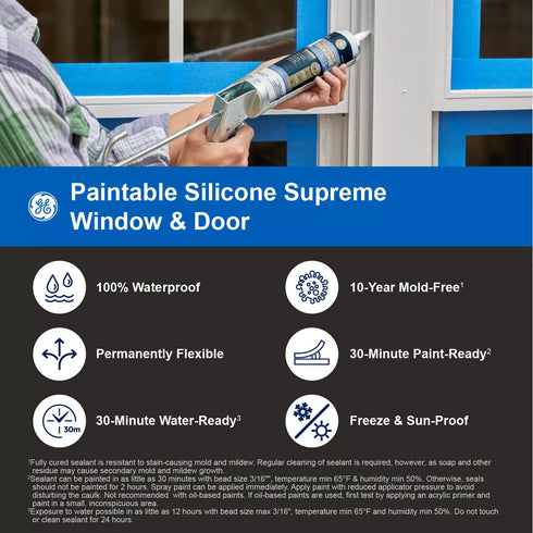 GE Supreme Paintable Silicone Caulk, 100% Waterproof Sealant, 9.5 fl oz, White