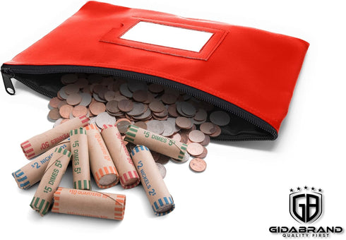 Money Bank Deposit Bag with Zipper, 11x6 inch, Red, Durable Leatherette Wallet Pouch with Framed ID Window