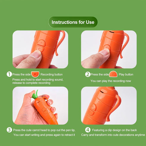 Snugeasy 60-Second (1PCS) Carrot Recorder Pen, Voice Recording Pen for Kids, Smooth-Writing Ballpoint Pens, Learning