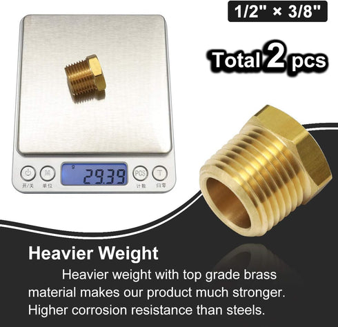 2pcs 1/2 Inch NPT Male to 3/8 Inch NPT Female Brass Pipe Fitting Reducing Hex Head Hose Adapter