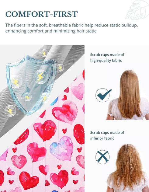 Scrub Caps Women Ponytail Pink Heart Double-Sided Printed Surgical Hat with Buttons and Sweatband, Soft Nurse Cap