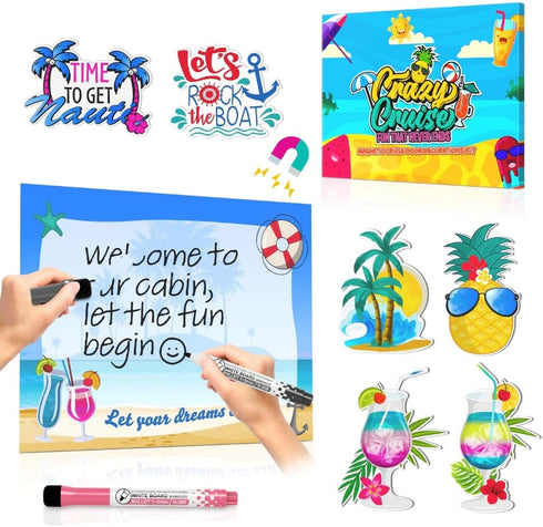 Cruise Door Decorations Magnetic Set - Large 11x13 Inch Dry Erase Board with 6 Fun Magnets, 2 Markers, Eraser